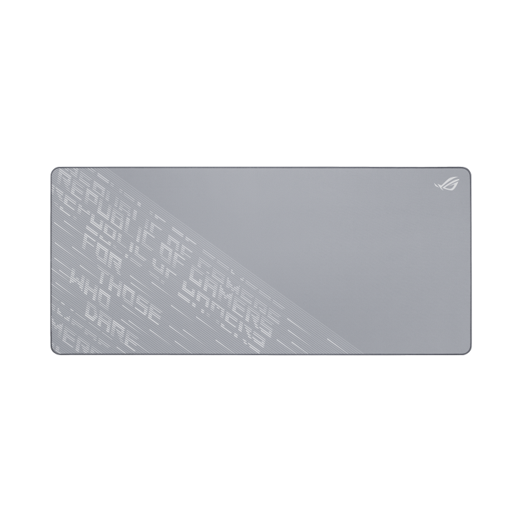 Tapis de souris ROG Scabbard II Arctic Gray XXL (gris arctique), avec motif diagonal et logo ROG en haut à droite.